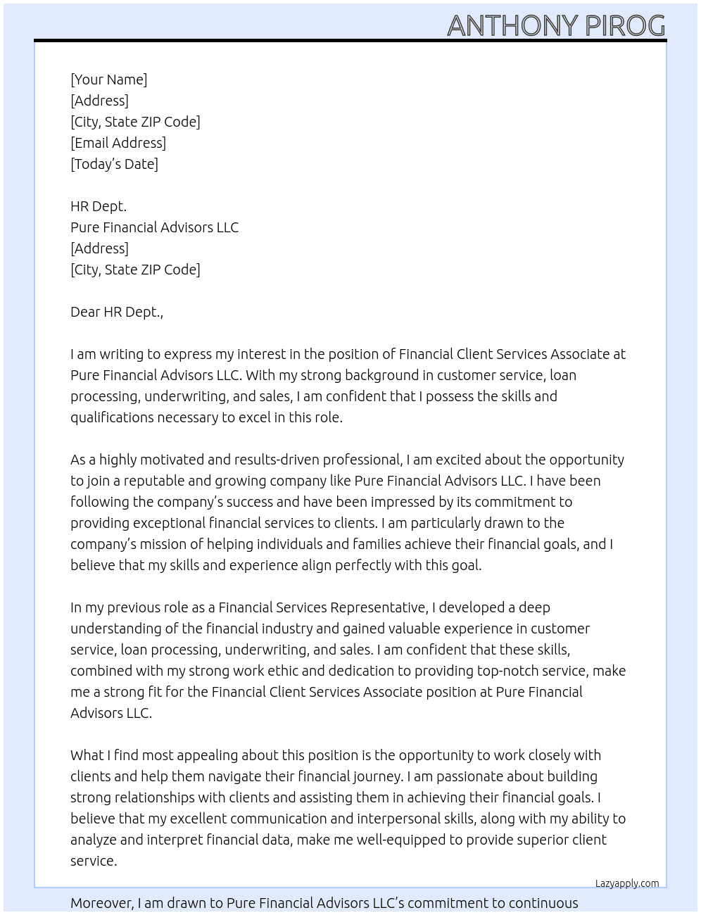 Financial Client Services Associate At Pure Finanial Advisors LLC Cover Letter