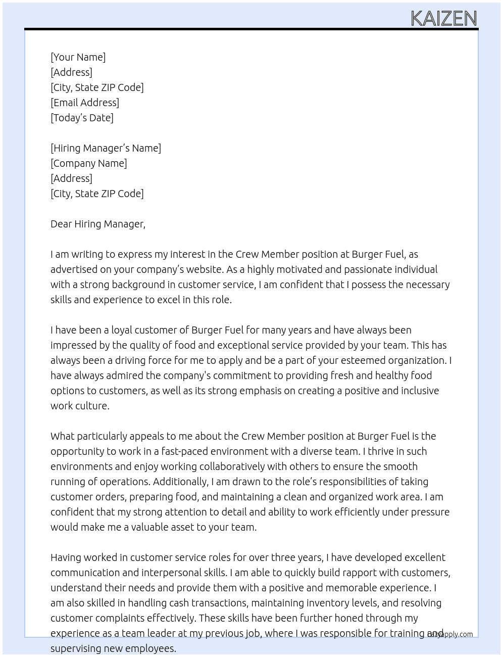 Crew Member  At Burger Fuel Cover Letter