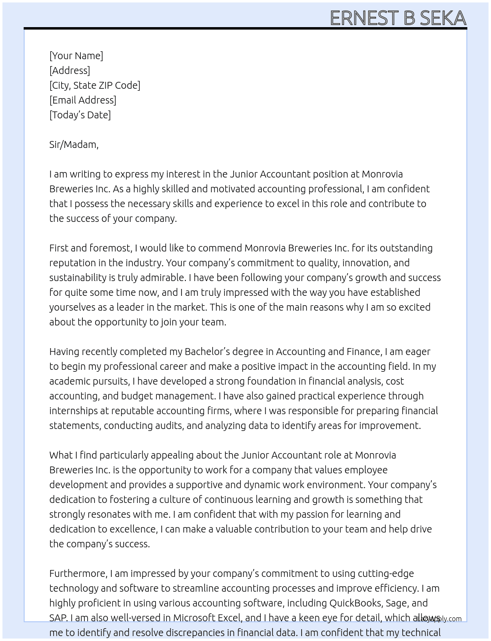Junior Accountant  At Monrovia Breweries Inc. Cover Letter