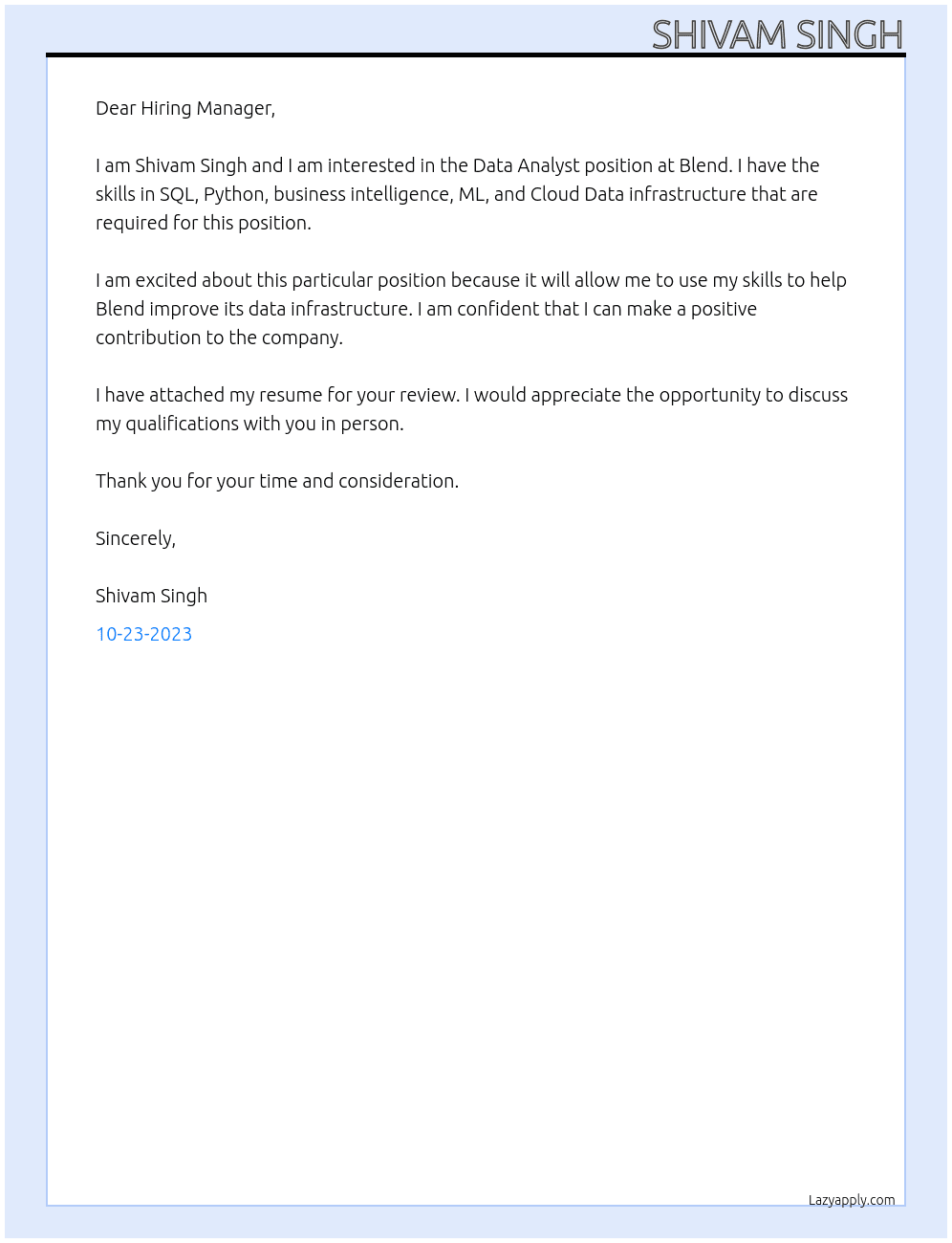 Data Analyst At Blend Cover Letter