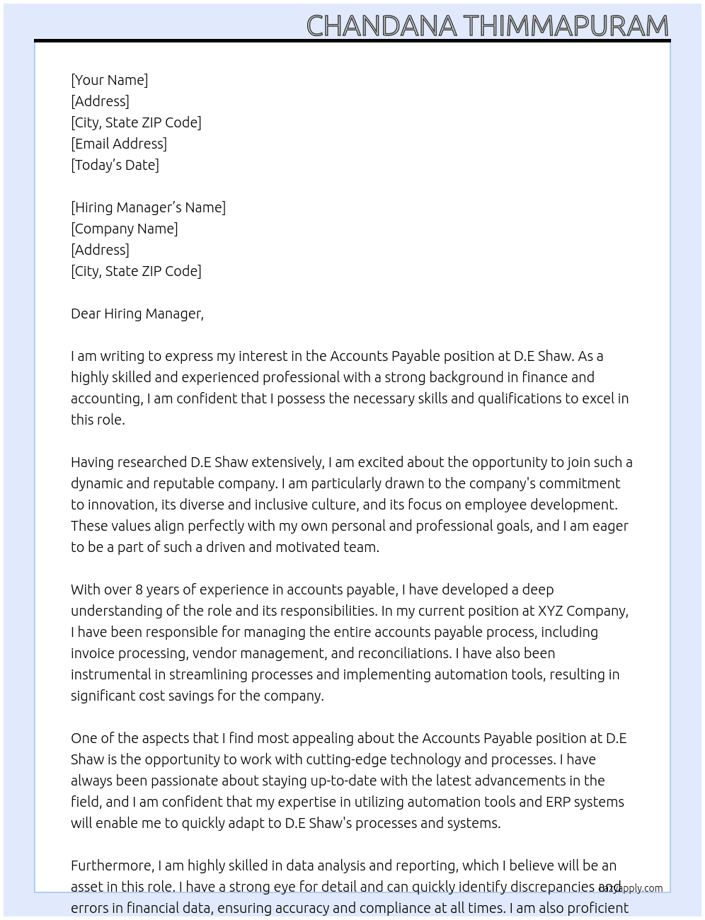 Accounts Payable At D.E Shaw Cover Letter