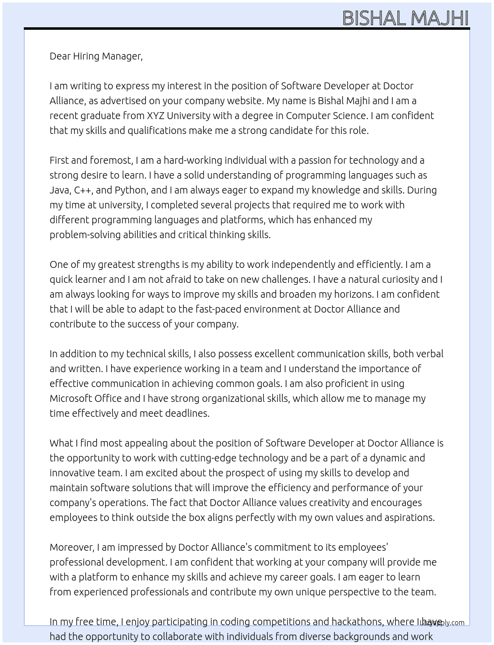 Software developer  At Doctor Alliance   Cover Letter