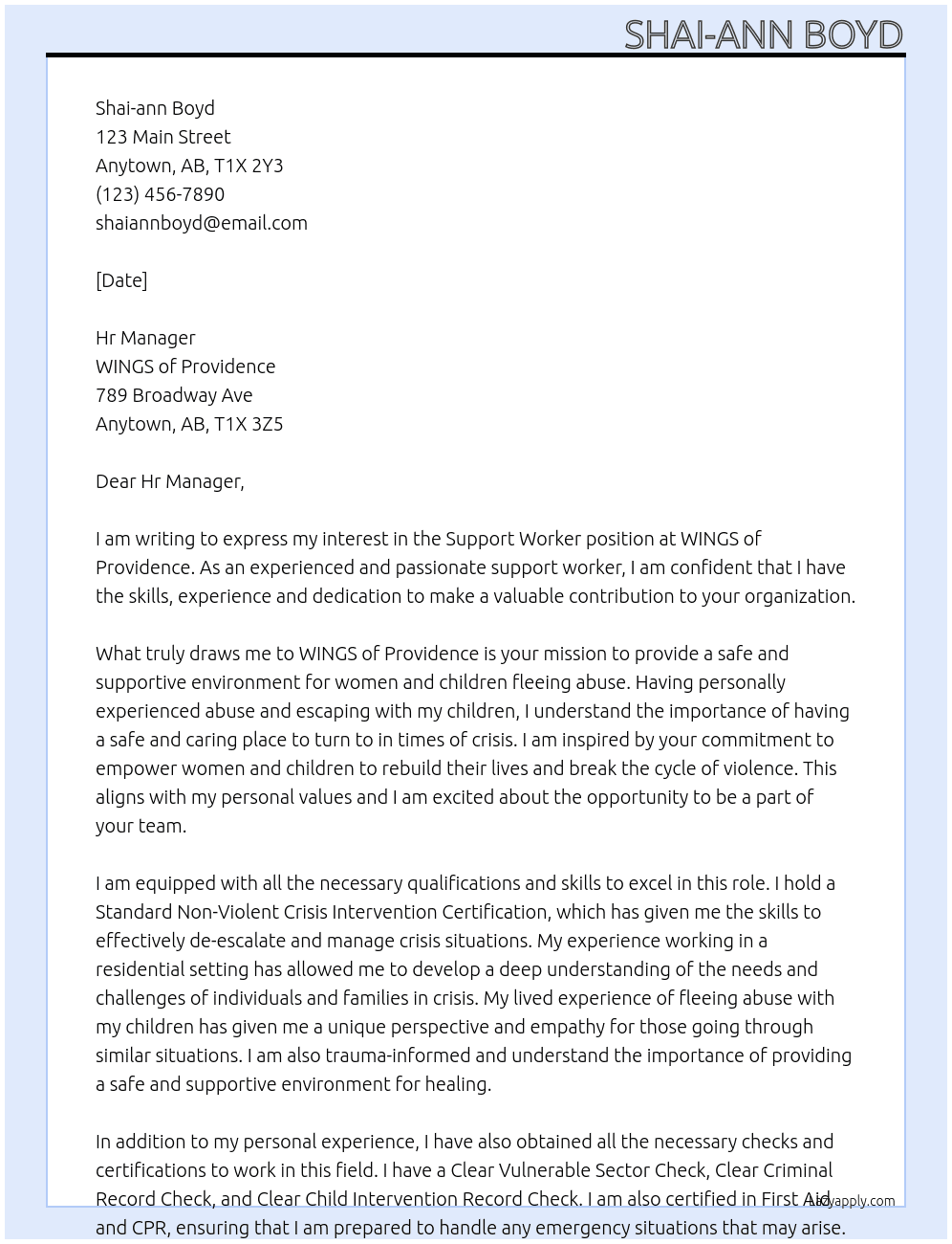 Support Worker  At WINGS of Providence Cover Letter