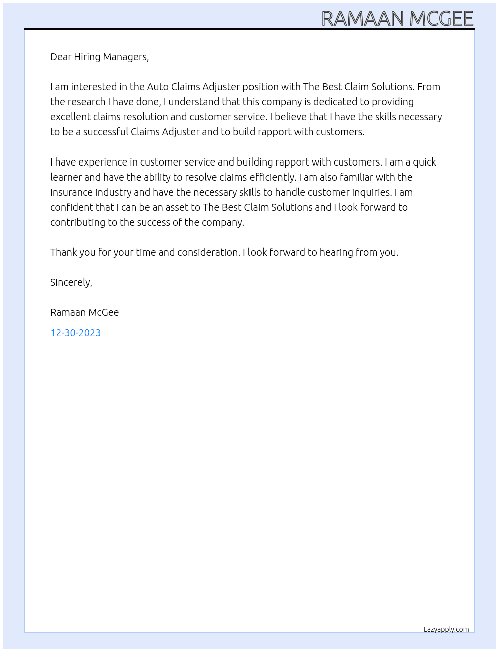 Auto claims adjuster At The best claim solutions Cover Letter