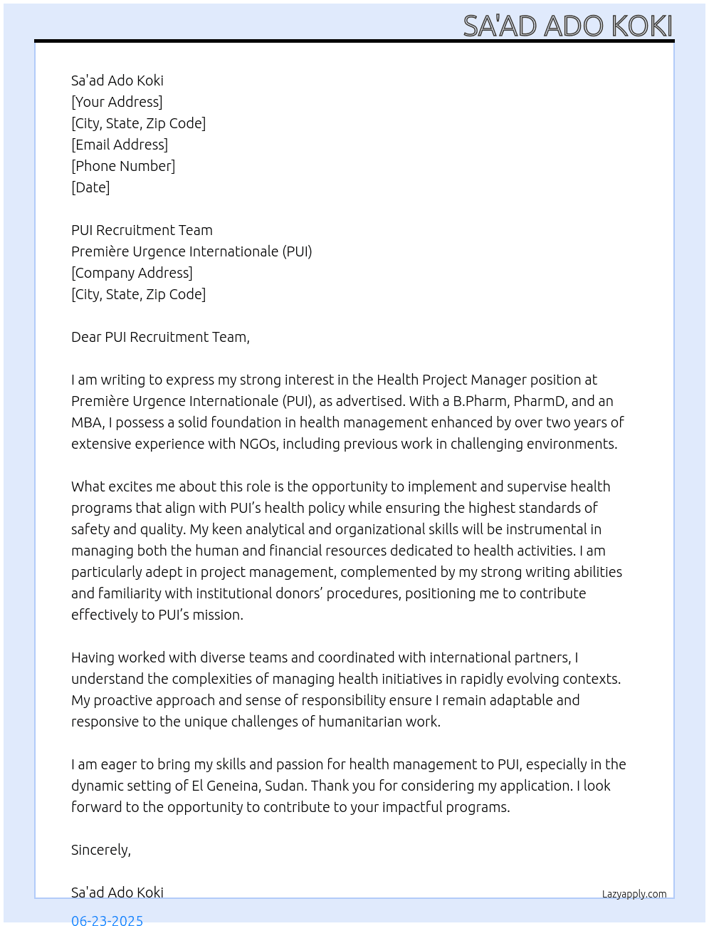 Cover letter for health project manager - LazyApply