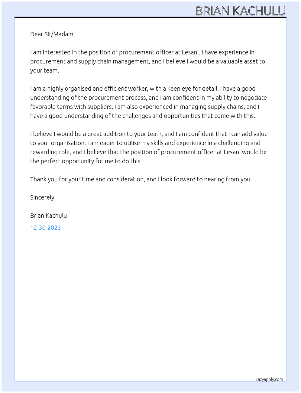 Procurement officer  At Lesani Cover Letter