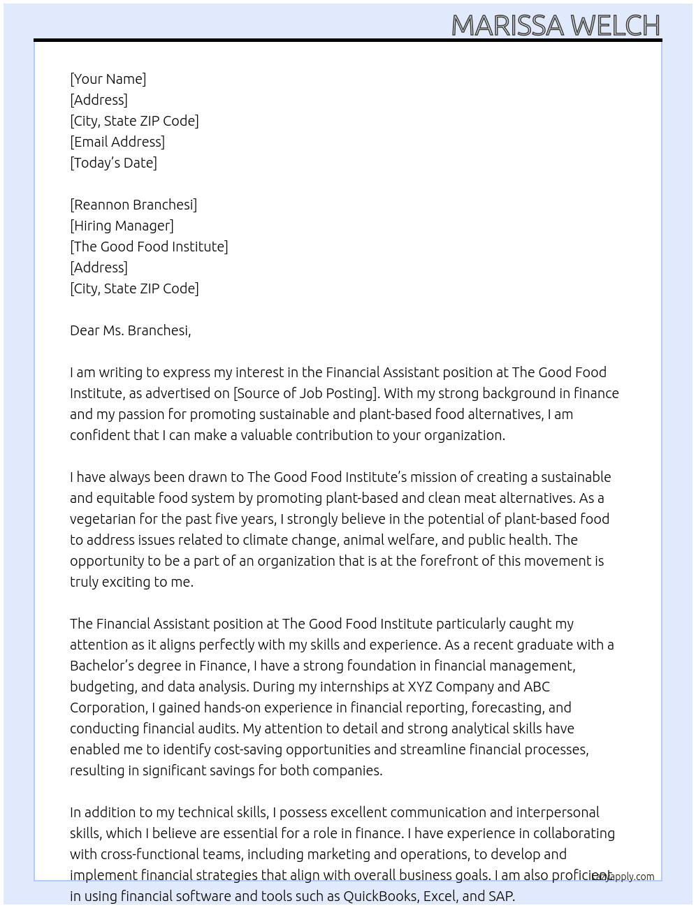 Financial Assistant At The Good Food Institute Cover Letter