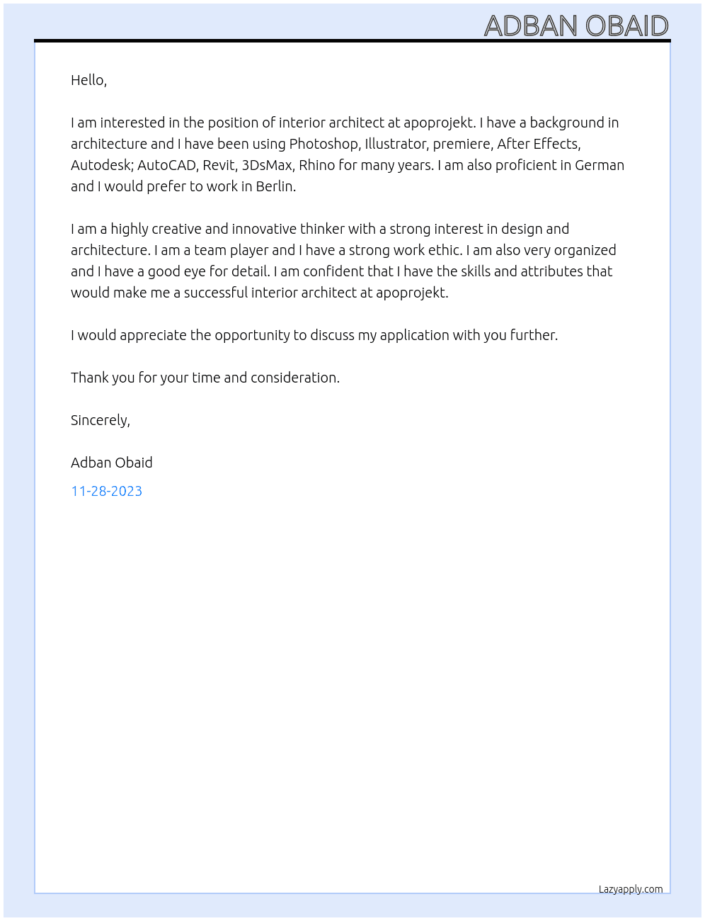 interior architect  At apoprojekt Cover Letter