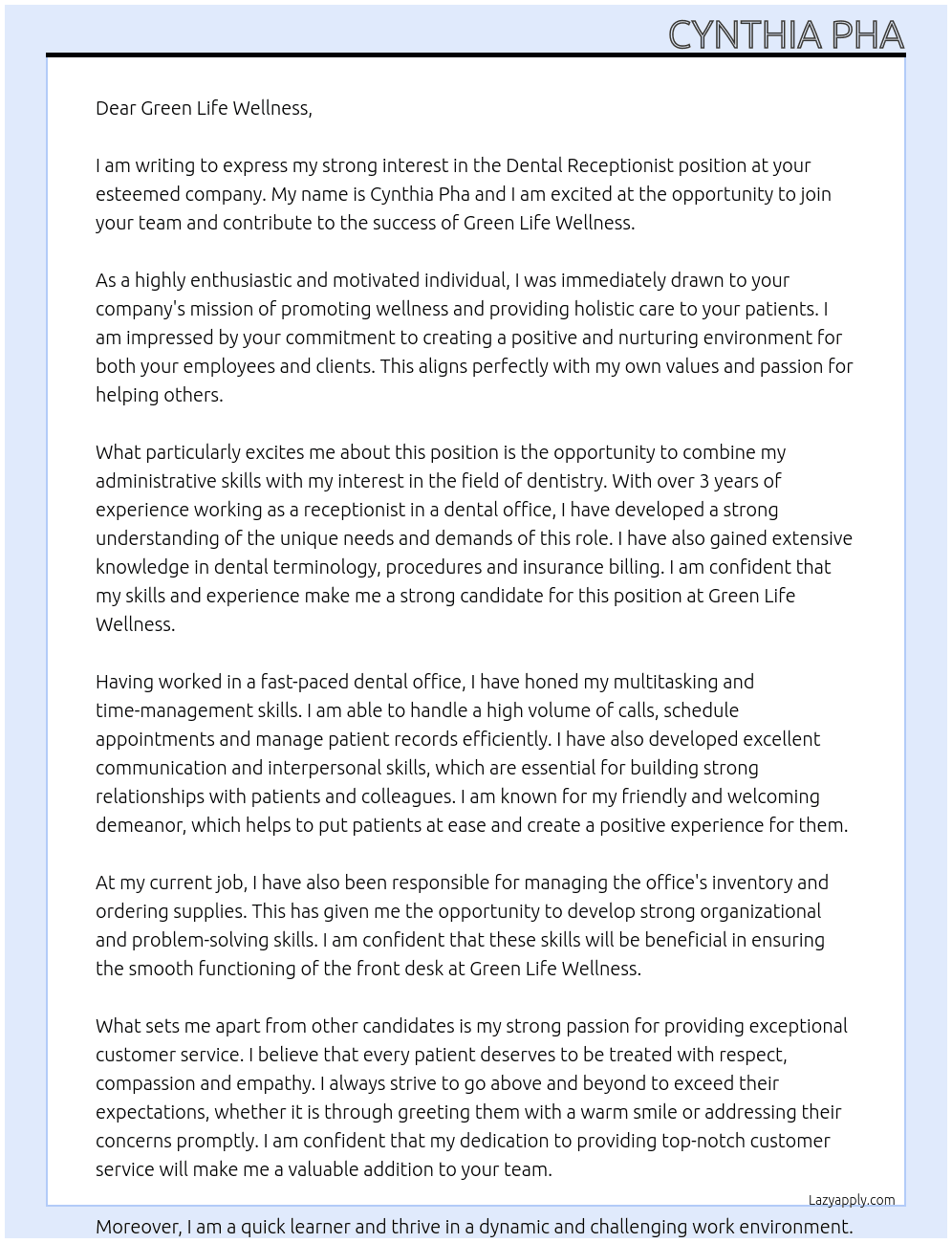 Dental Receptionist  At Green life Wellness Cover Letter