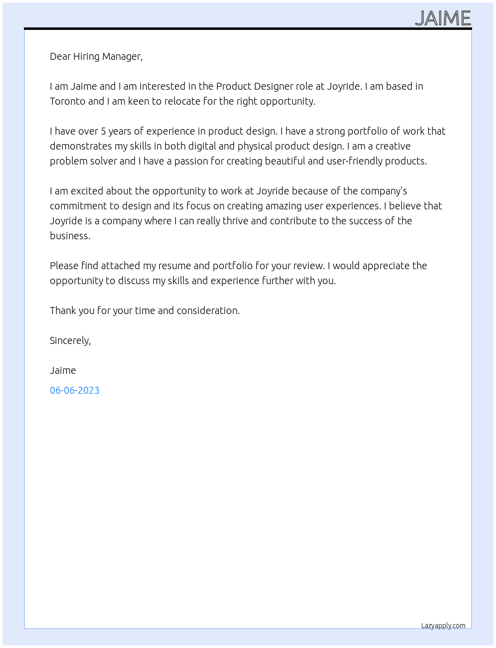 Product Designer At Joyride Cover Letter
