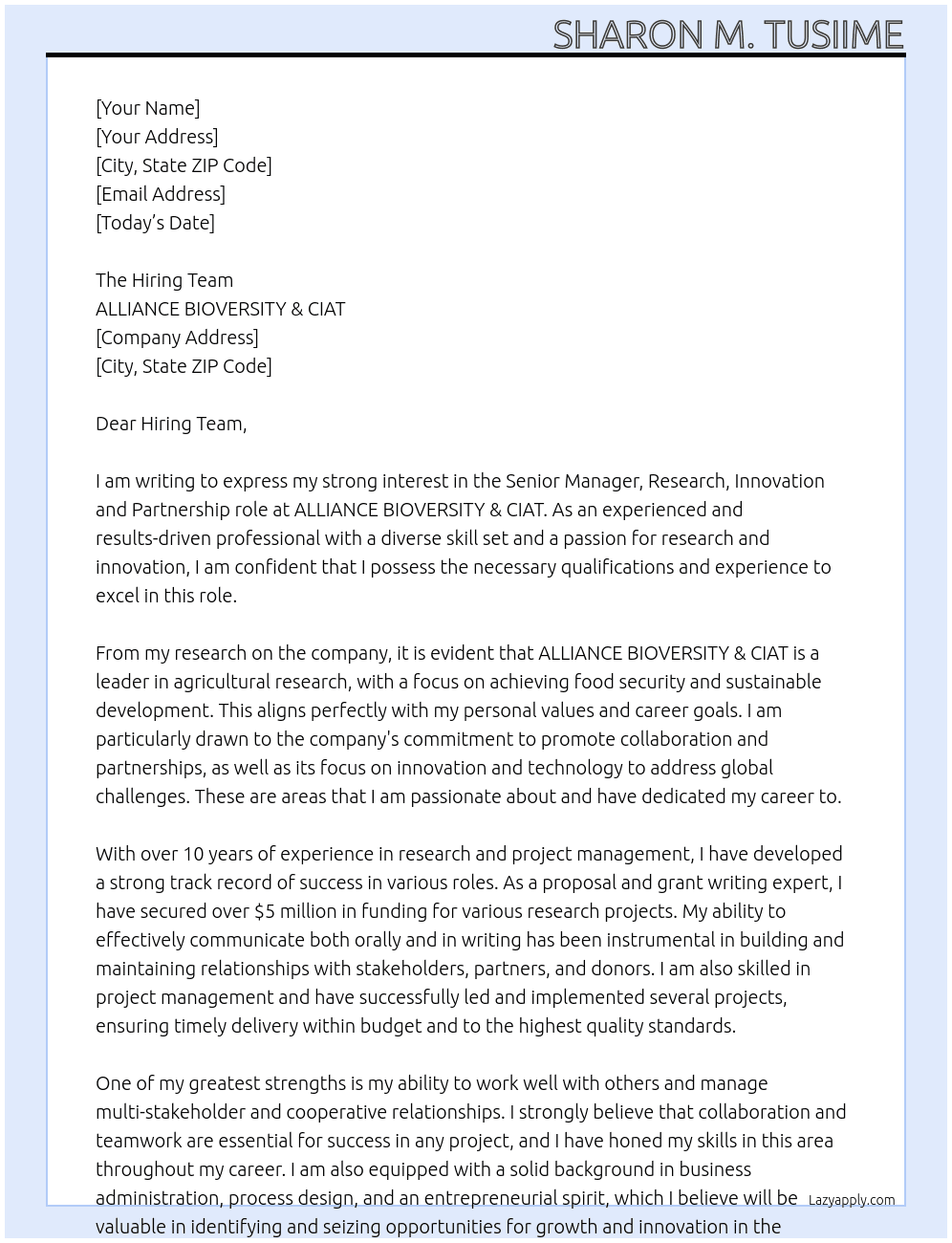 Senior Manager, Research, Innovation and Partnership, GFAiR At ALLIANCE BIOVERSITY & CIAT Cover Letter