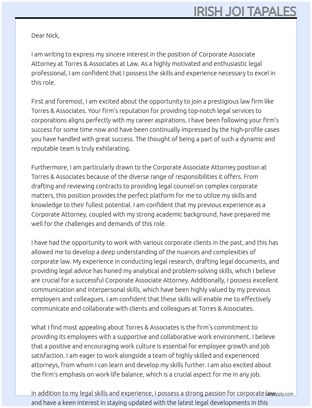 Corporate Associate Attorney At Torres & Associates at Law Cover Letter