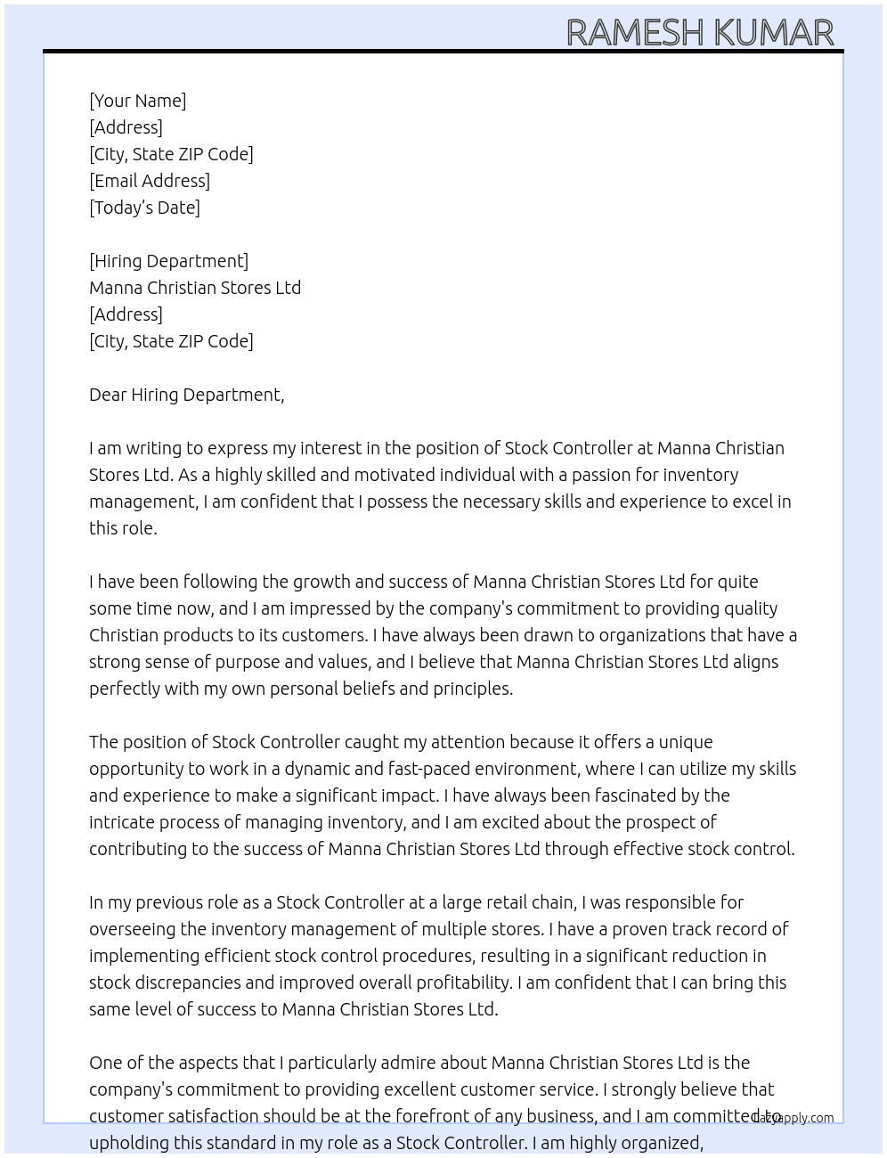 stock controller  At Manna Christian Stores Ltd Cover Letter