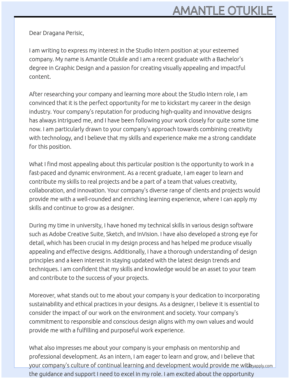 Studio Intern  At Dragana Perisic Cover Letter