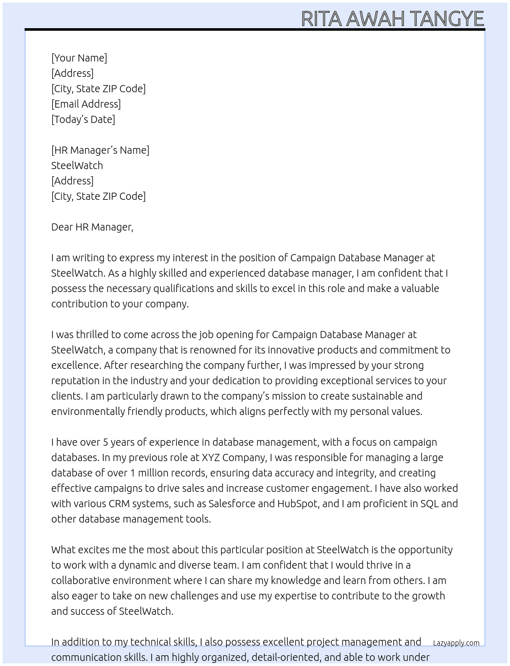 Campaign Database Manager At SteelWatch Cover Letter
