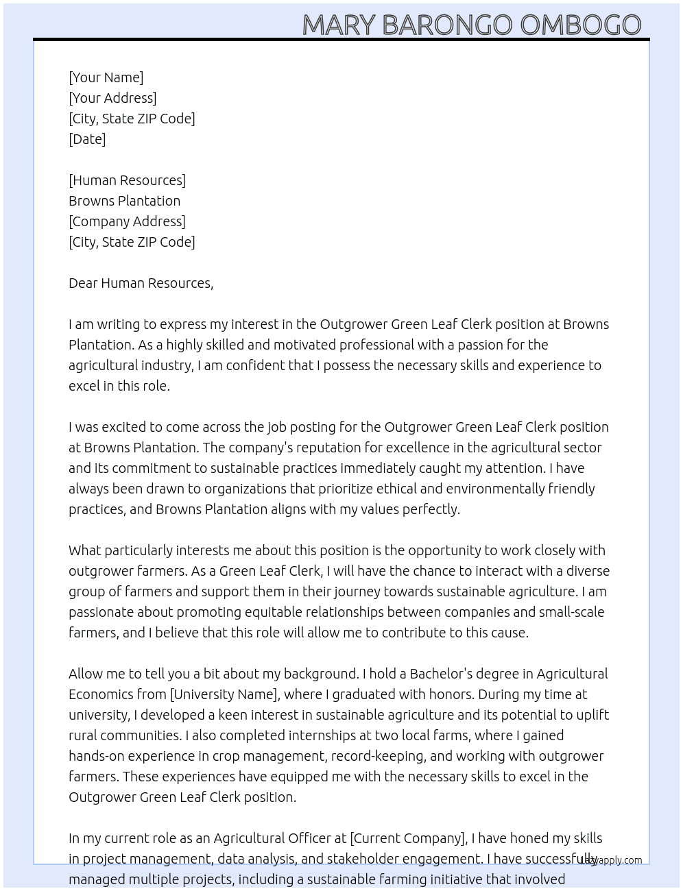 Cover letter for outgrower green leaf clerk - LazyApply