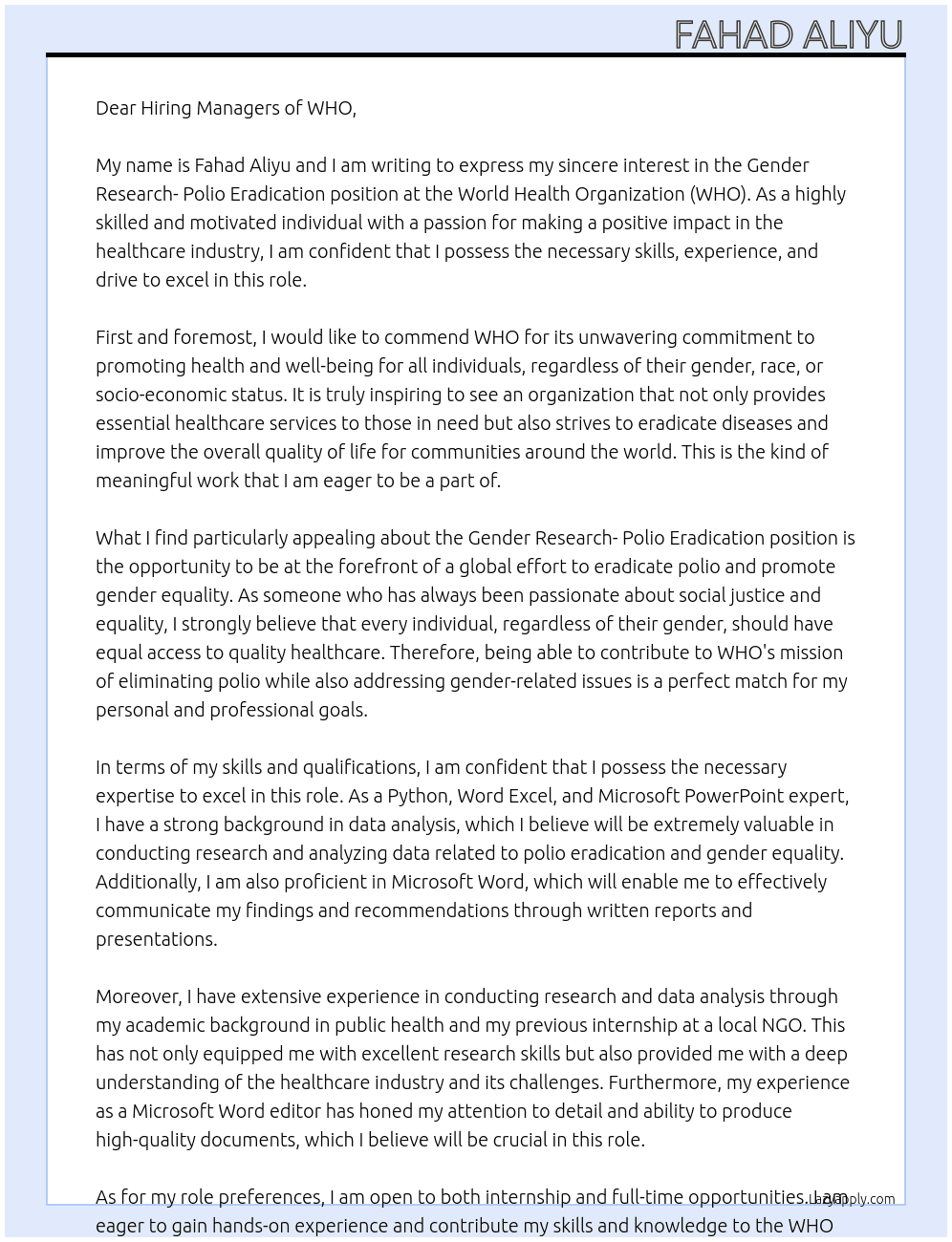 Gender research- polio eradication  At World Health Organization (WHO) Cover Letter