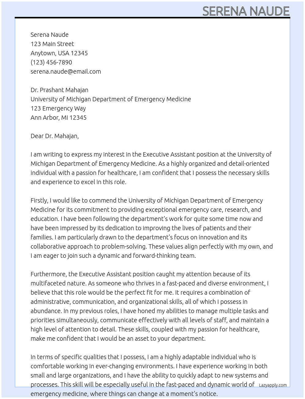 Executive Assistant  At Univeristy of Michigan Department of Emergency Medicine Cover Letter