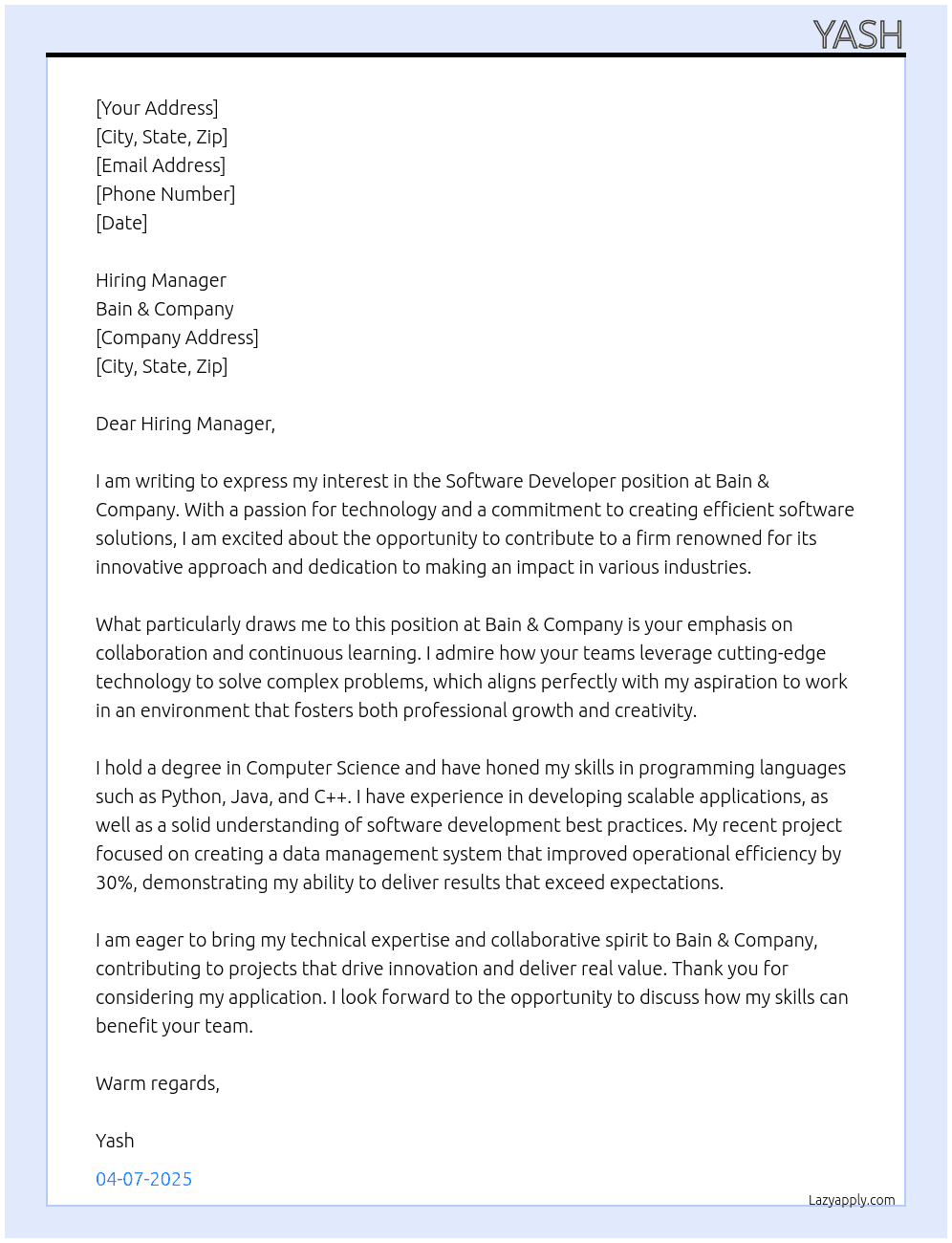 Software Developer  At Bain & Company Cover Letter