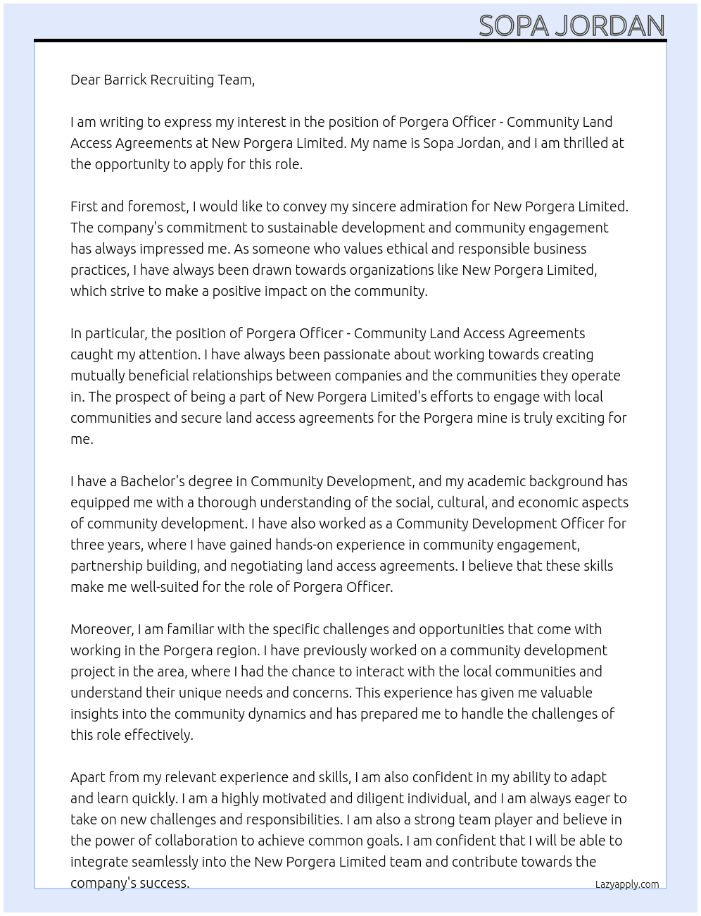 Porgera | Officer - Community Land Access Agreements At New Porgera Limited Cover Letter