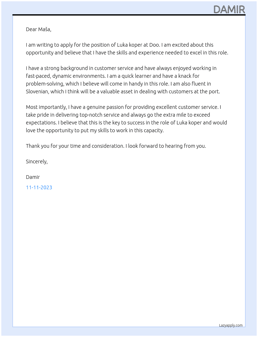 Luka koper At Doo Cover Letter