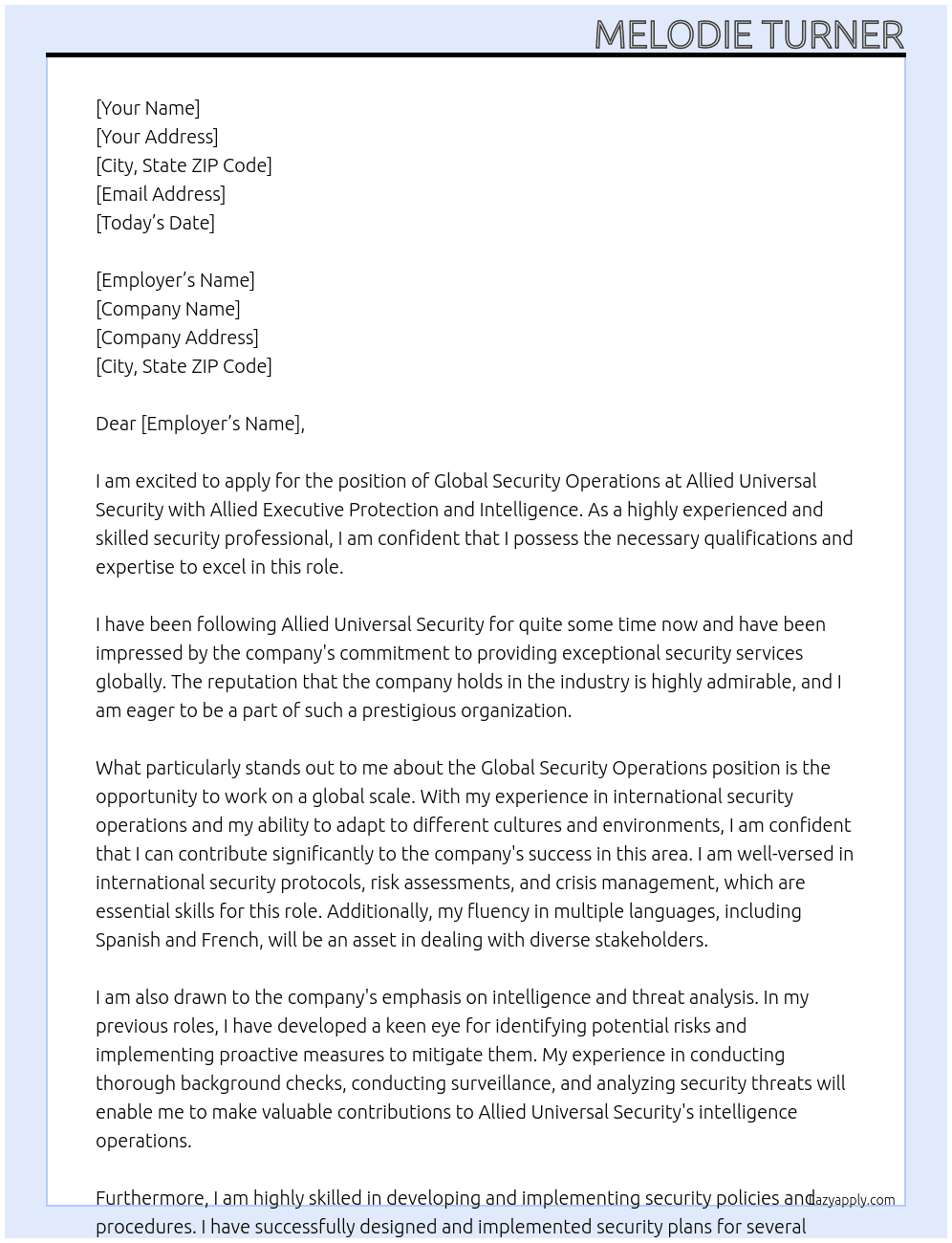 Global Security Operations At Allied Universal Security Cover Letter