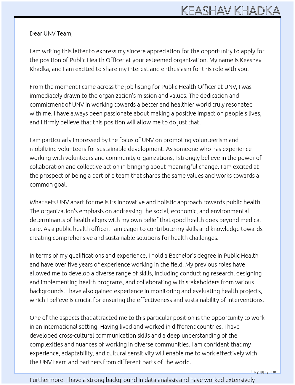 Public health officer  At UNV Cover Letter