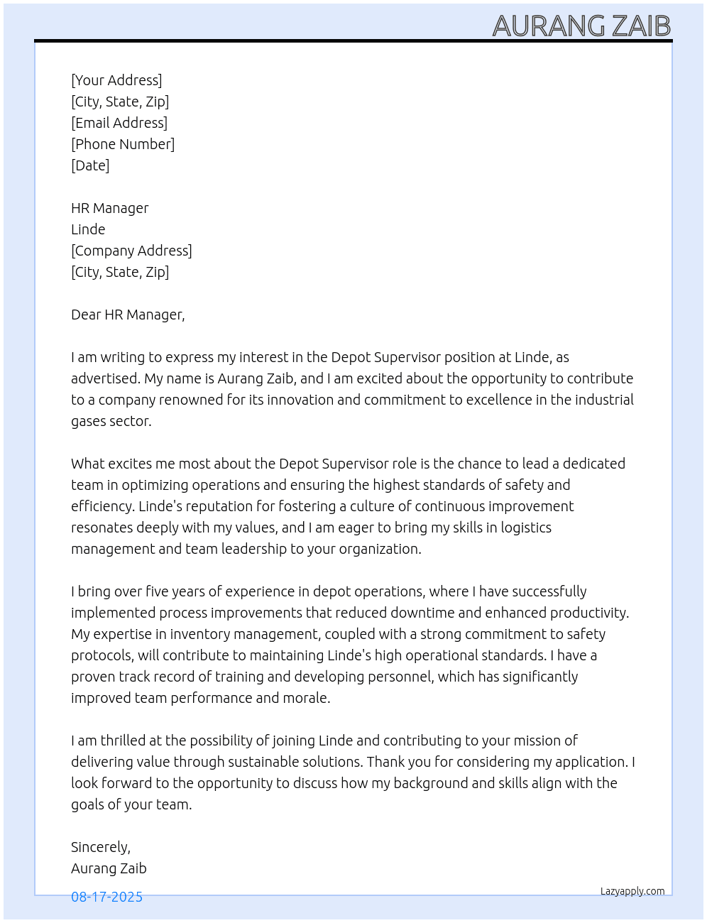 Depot Supervisor At Linde Cover Letter