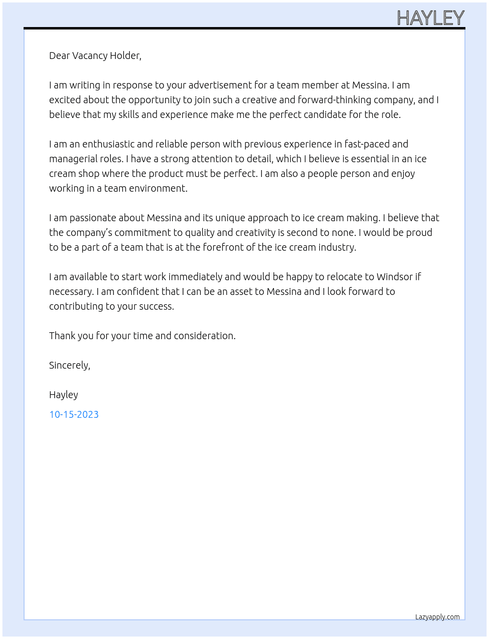 Team member  At Messina  Cover Letter
