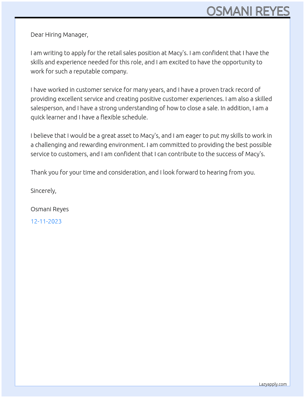 retail sales At Macy's Cover Letter