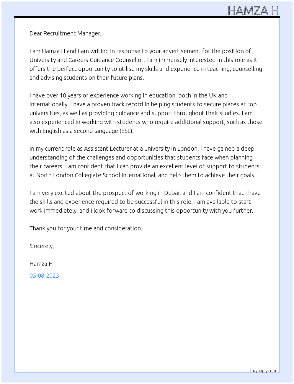 University and Careers Guidance Counsellor At North London Collegiate School International Cover Letter