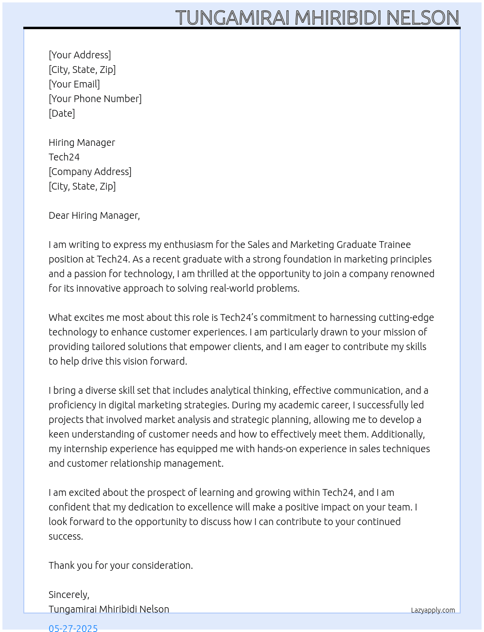 Sales and Marketing Graduate Trainee  At Tech24 Cover Letter
