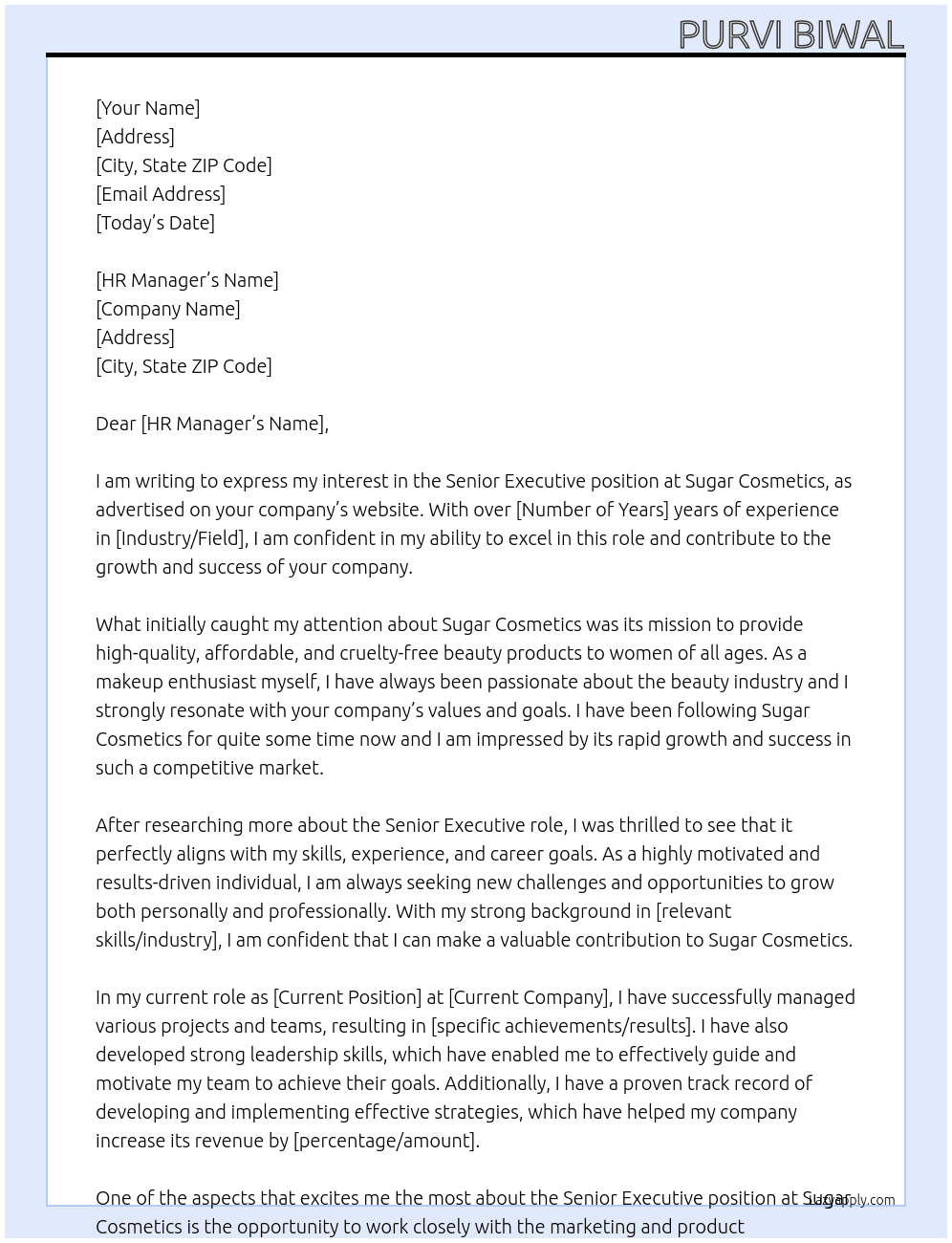 Senior Executive At Sugar Cosmetics Cover Letter