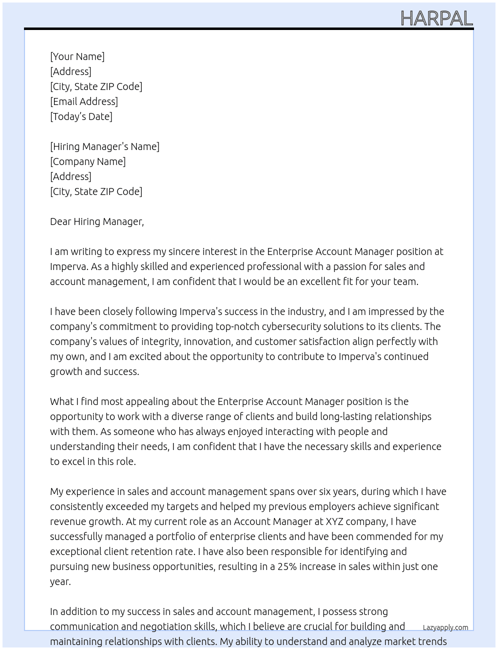 Enterprise Account Manager At Imperva Cover Letter