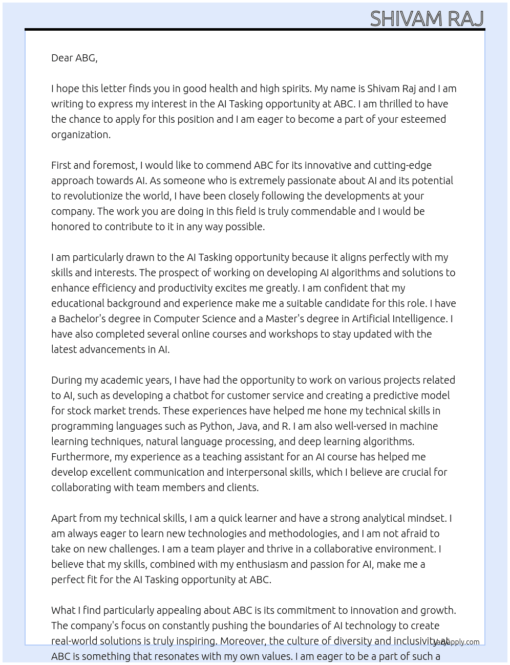 Cover letter for ai tasking oppurtunity - LazyApply