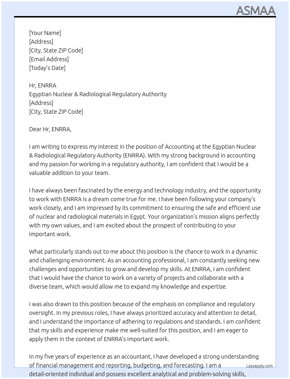 Accounting At Egyption Nuclear & Radiological Regulatory Authority Cover Letter