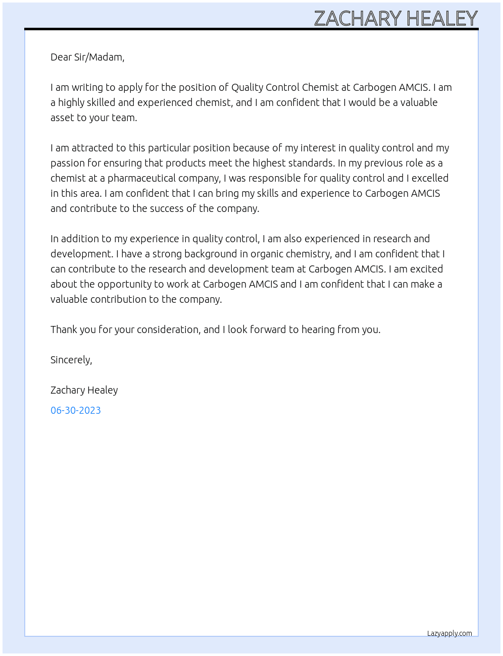 Quality Control Chemist At Carbogen AMCIS Cover Letter