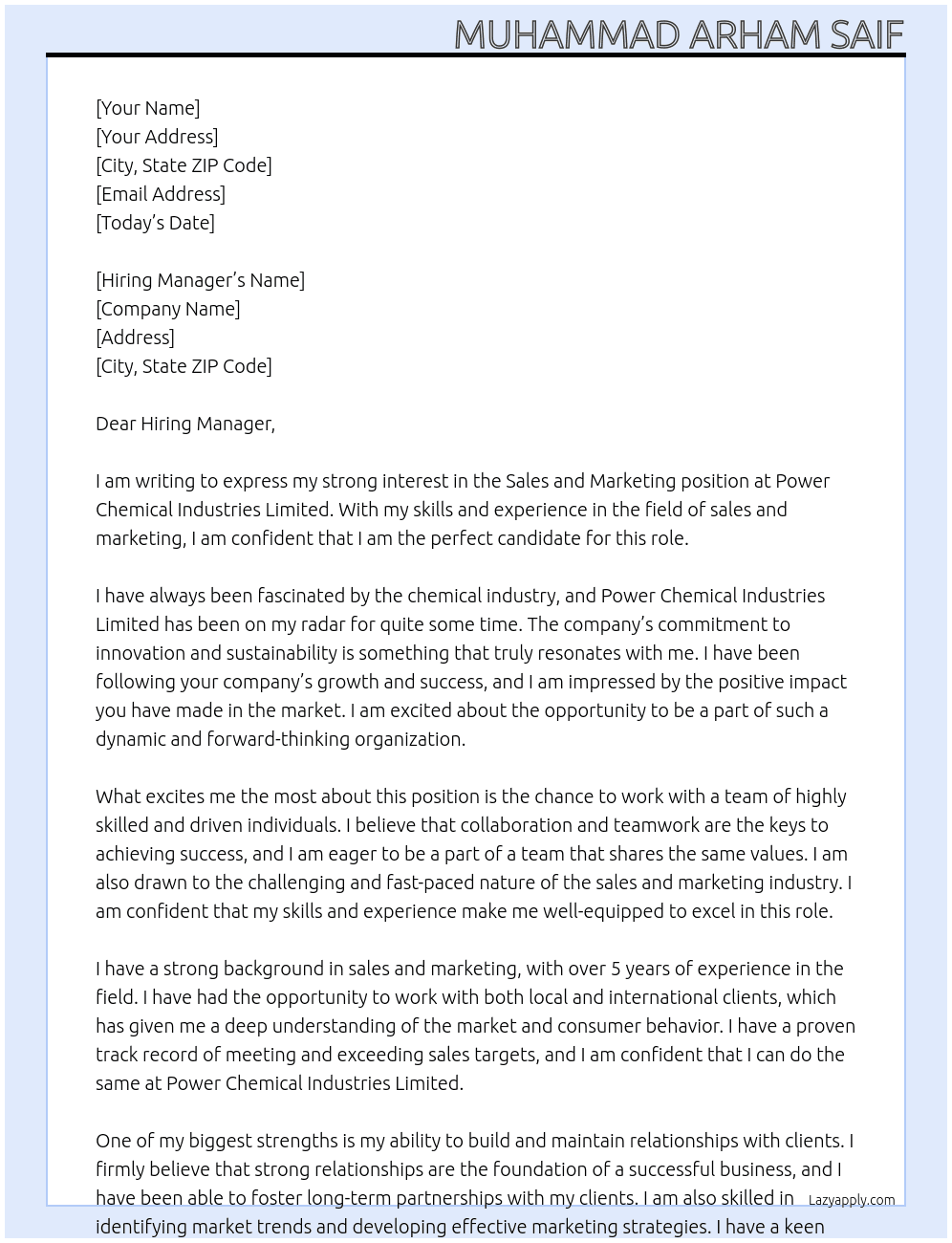 Sales and marketing At Power Chemical Industries Limited  Cover Letter