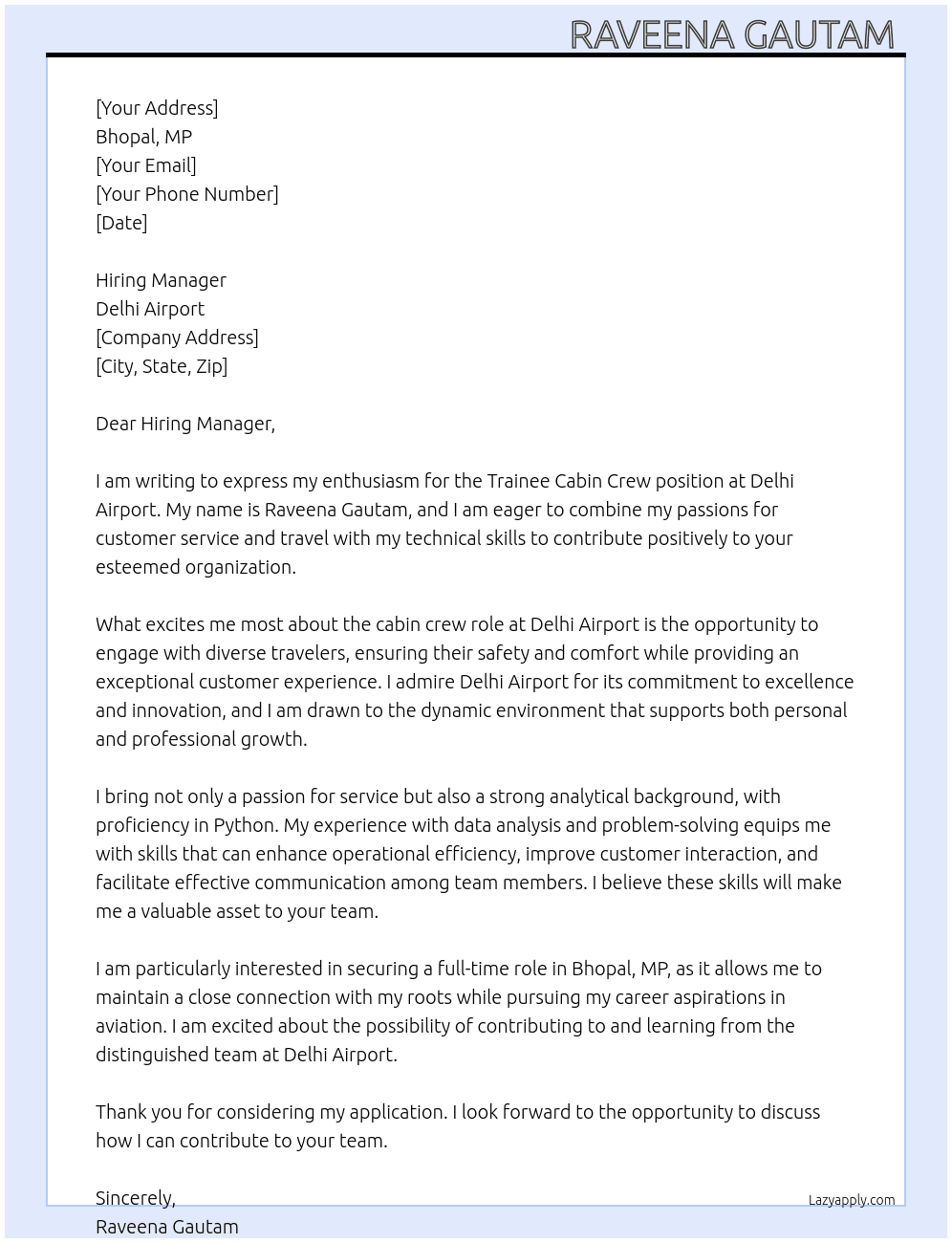 Trainee cabin crew  At Delhi Airport  Cover Letter