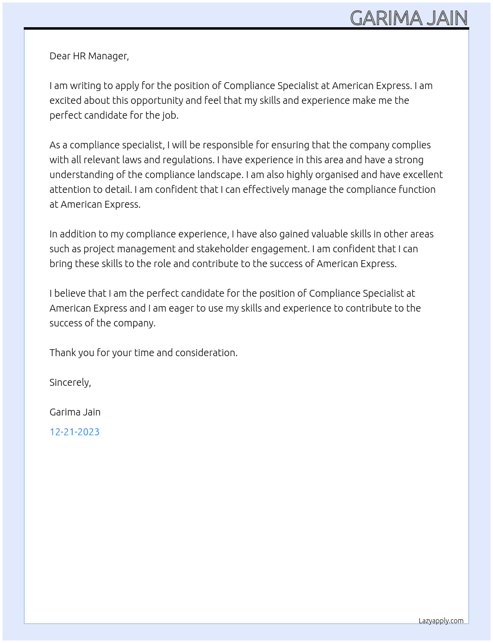 Compliance specialist  At American Express  Cover Letter