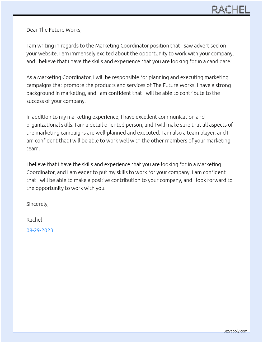 Marketing Coordinator At The Future Works Cover Letter