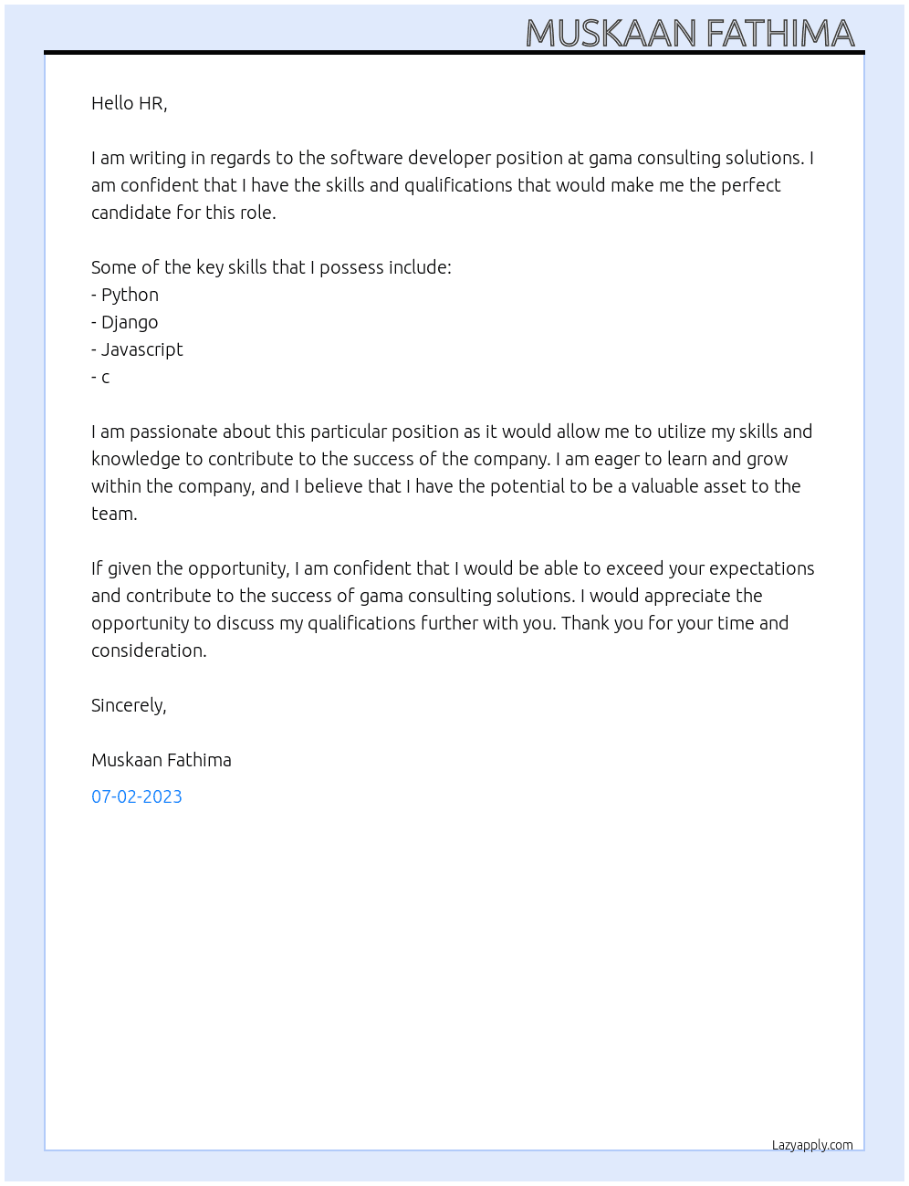 software developer At gama consulting solutions Cover Letter
