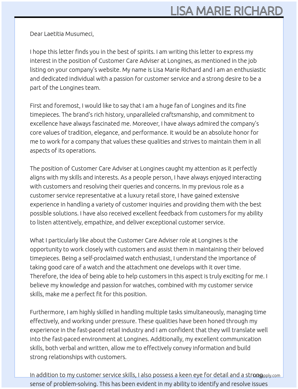 Customer Care Adviser At Longines Cover Letter