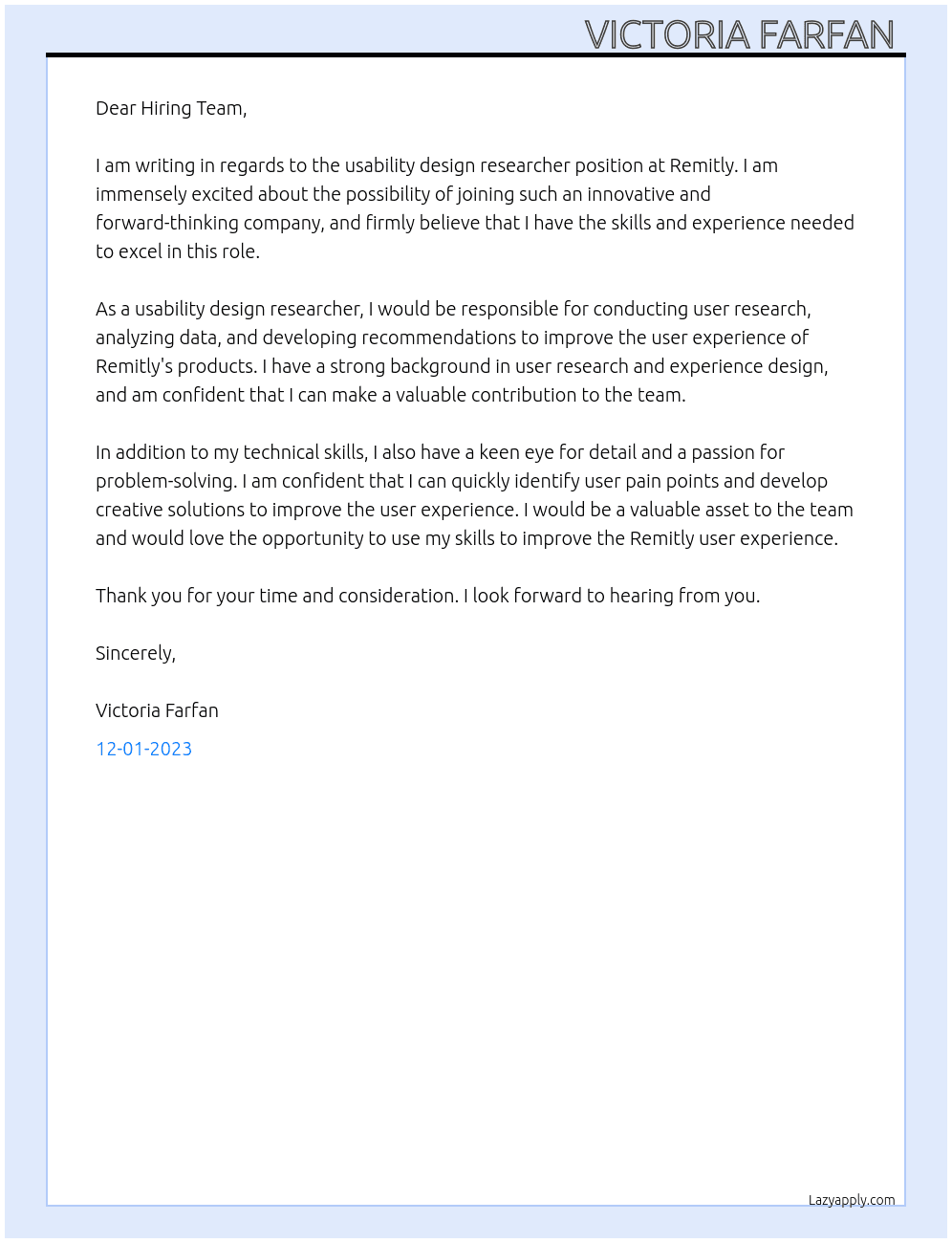 Usability Design Researcher At Remitly  Cover Letter