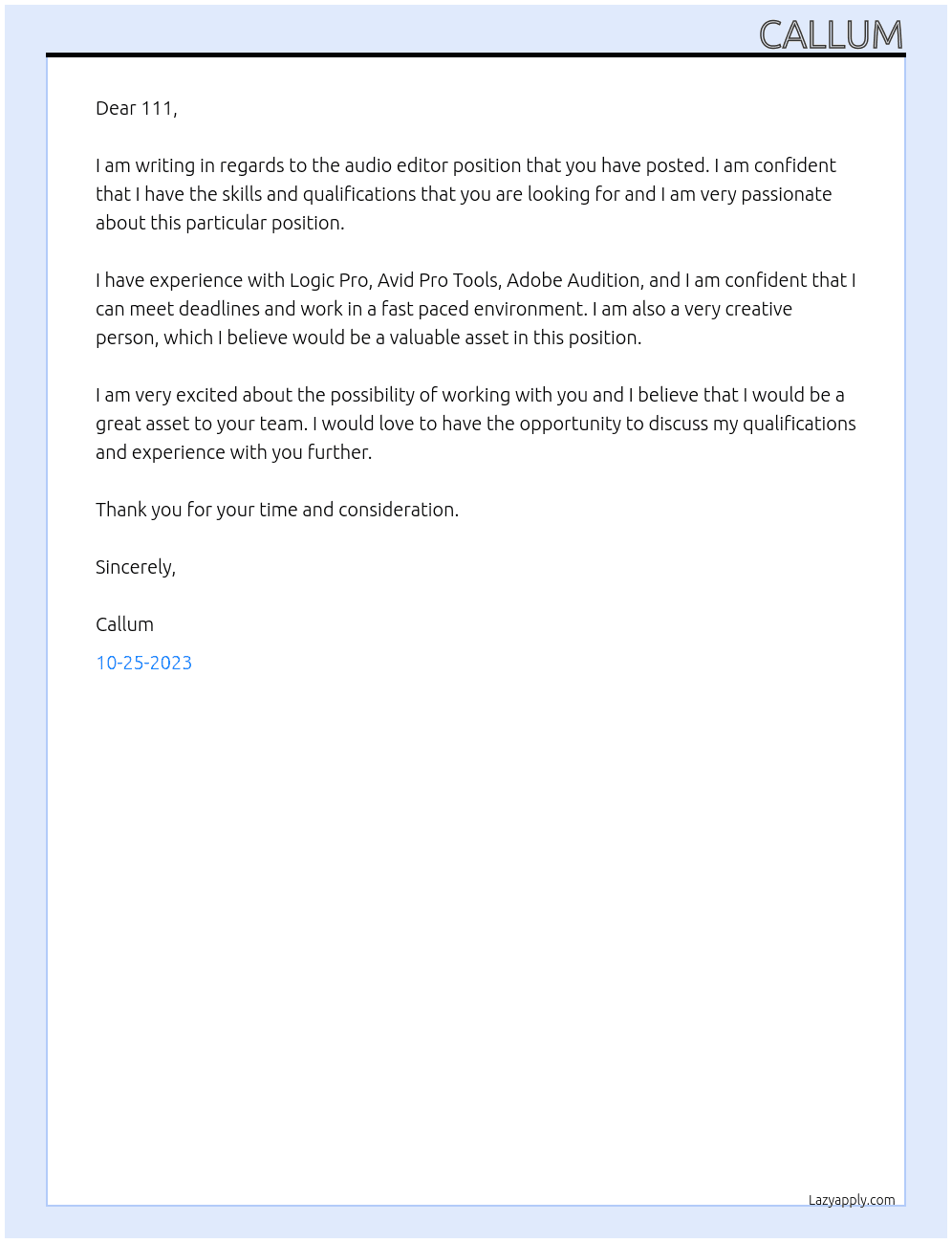 Audio editor At 111 Cover Letter