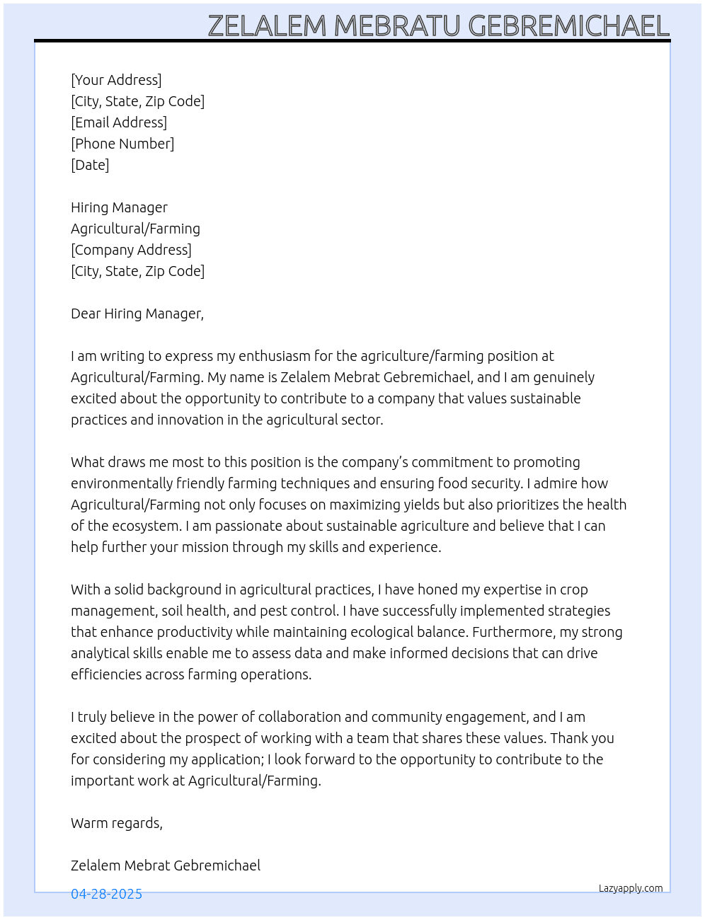 Cover letter for agriculture/farming - LazyApply
