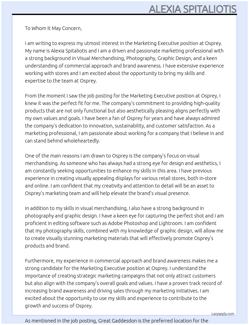 Marketing Executive At Osprey Cover Letter
