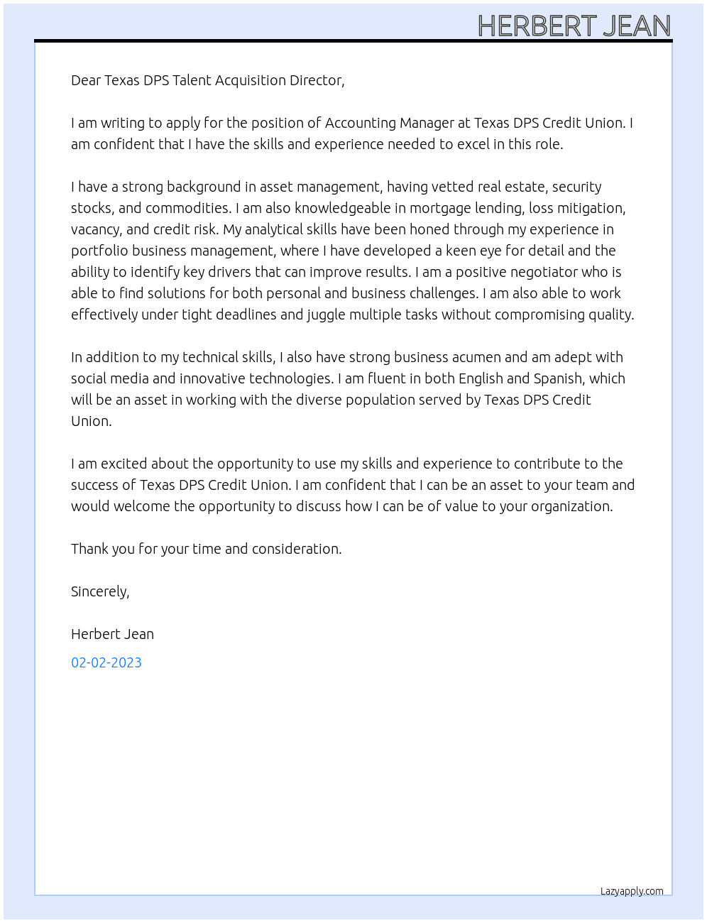 Accounting Manager At Texas DPS Credit Union Cover Letter