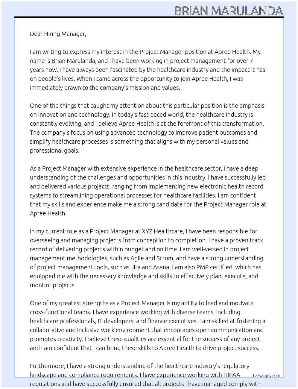Project Manager At Apree Health  Cover Letter