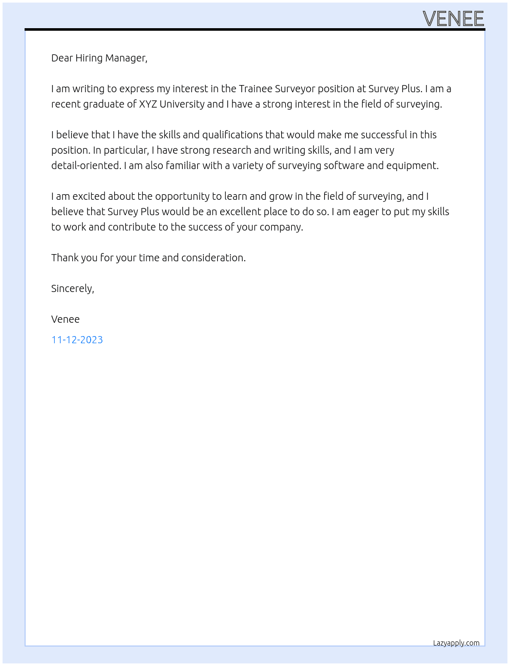 Trainee Surveyor At Survey Plus Cover Letter